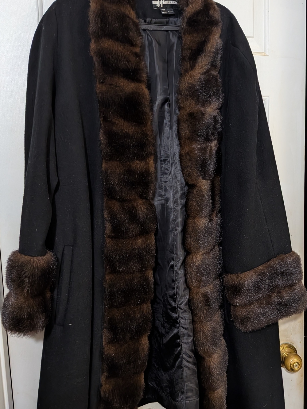 Black Wool Coat with Brown Faux Fur Trim - Women’s Classic Outerwear